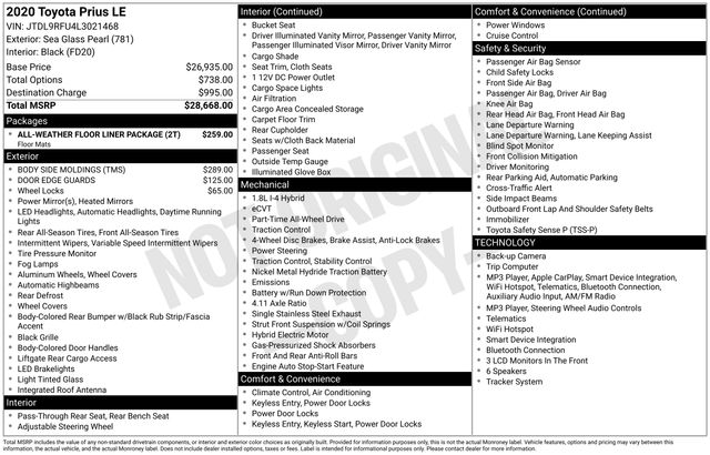 2020 Toyota Prius LE AWD-e — photo 1 of 1